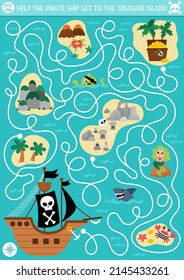 Pirate maze for kids with marine landscape, ship, isles. Treasure hunt preschool printable activity. Sea adventures labyrinth game, puzzle. Help the pirate ship get to the treasure island
