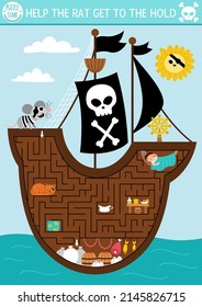 Pirate maze for kids with marine landscape and ship interior. Treasure hunt preschool printable activity. Sea adventures labyrinth game or puzzle. Help the rat get to the hold
