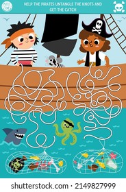 Pirate maze for kids with ship, sea and kid sailors. Treasure hunt preschool printable activity. Sea adventures labyrinth game or puzzle. Help the pirates untangle the knots and get the catch
