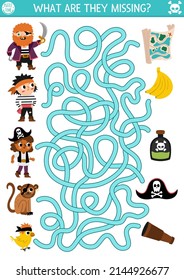 Pirate maze for kids. Treasure hunt preschool printable activity with cute pirates, animals and their things. Sea adventures labyrinth game or puzzle. What is missing worksheet 
