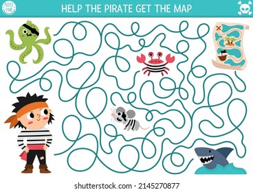 Pirate maze for kids. Treasure hunt preschool printable activity with cute raider captain, octopus, rat, shark, crab. Sea adventures labyrinth game or puzzle. Help the pirate get the map
