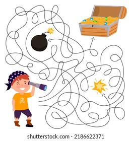 Pirate maze for kids. Treasure hunt preschool activity. Help the pirate with spyglass get to the treasures