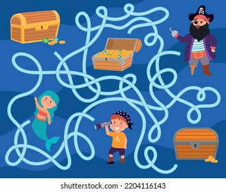 El laberinto pirata para los niños. Cacería de tesoros y actividad preescolar. Ayude al pirata a llegar a los tesoros. Imagen vectorial.