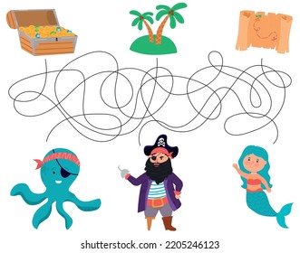 Pirate maze for kids. Treasure hunt preschool activity. Help the pirate get to the treasures. Vector image.