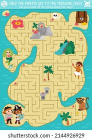 Pirate maze for kids with tropical treasure island and cute kid pirates. Treasure hunt preschool printable activity. Sea adventures labyrinth game or puzzle with chest, map, mermaid
