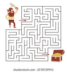 Pirate maze, labyrinth, game for kids .Help the pirate find the way to the treasure.Vector flat cartoon illustration