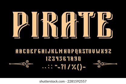 Pirate Medieval font type, corsair typeface and nautical alphabet, vector typography script. Vintage Caribbean pirate typeset, marine captain or corsair sailor book font letters and signs