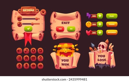 Pirate medieval game interface elements. Cartoon vector illustration set of ancient parchment frames with options and exit banner, win and lose level passing board, wooden buttons, achievement counter