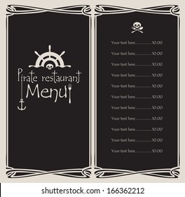 pirate menu with the wheel anchor and fish skeleton