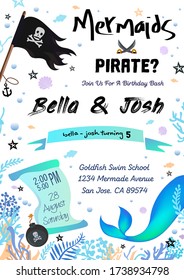 Pirate or mermaid birthday costume party invitation vector illustration. Festive event address information flat style. Colourful design of card. Isolated on white background