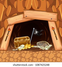 Pirate Mining Cave Treasure and Skeleton illustration