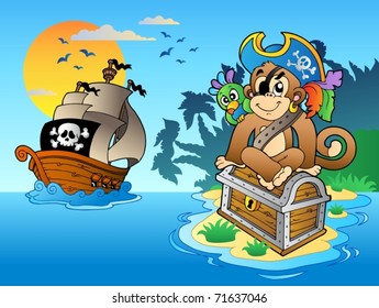 Pirate monkey and chest on island - vector illustration.