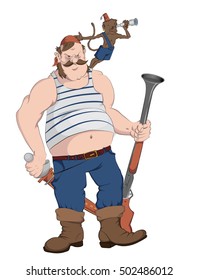 Pirate with monkey and gun on a white background. Vector illustration.