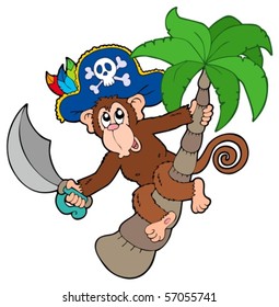 Pirate monkey with palm tree - vector illustration.