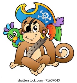 Pirate monkey with parrot - vector illustration.
