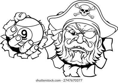 Pirate nine ball pool billiards sports mascot holding a 9 ball cartoon illustration
