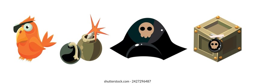 Pirate Object and Element with Parrot, Hat, Bomb and Dynamite Vector Set