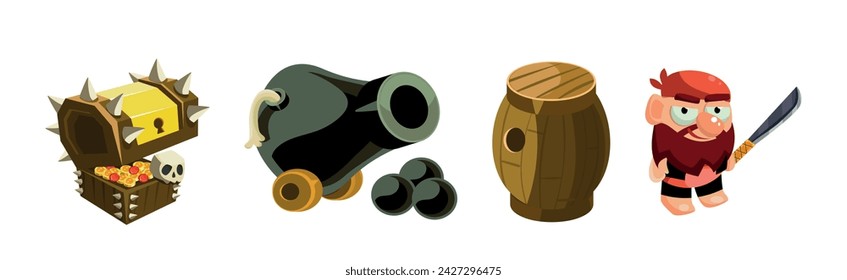 Piratenobjekt und -element mit Schatztruhe, Mann, Lauf und Kanone Vektor-Set