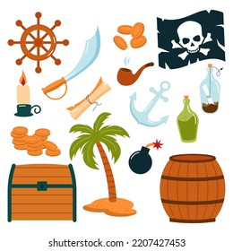 Pirate object set. Golden treasure chest, rum bottle, iron cannon. Sea adventure element collection, holly roger flag, box with gold, wooden barrow, boat wheel. Cartoon flat vector illustration