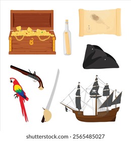 Pirate object set: parrot, chest full of gold, pirate hat, treasure map,  glass bottle with pirate map, cutlass and sailing ship. Vector icon set