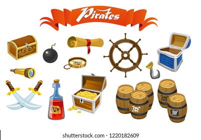 Pirate objects collection, vector illustration, sea pirates.