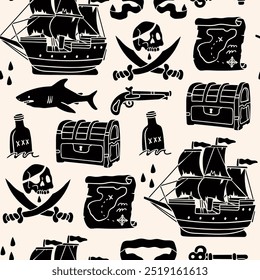 Piratenobjekte eingestellt. Segelschiff, Totenkopf mit Augenklappe, Schatztruhe, Karte, Rum, Pistole, Band, Hai, Schwerter. Handgezeichnete Vektorgrafik. Sea Adventure Konzept. Quadratisches nahtloses Muster