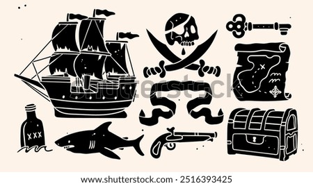 Pirate objects set. Sailing ship, skull with eye patch, treasure chest, map, rum, pistol, ribbon, shark, swords. Hand drawn Vector illustration. Isolated design elements. Sea adventures concept