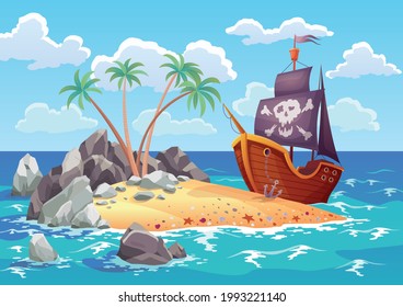 Pirate ocean island in cartoon style with ship moored on the island. Palm trees on uninhabited sea island. Tropical landscape with sandy beach and tropical nature