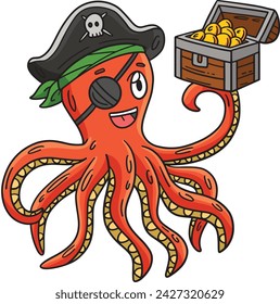 Pirate Octopus Holding Brust Cartoon Clipart