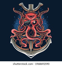 pirate octopus with a one-eyed skull face