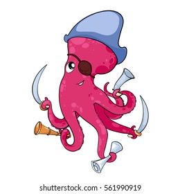 Pirate octopus with sabre and  pistol - vector illustration.
