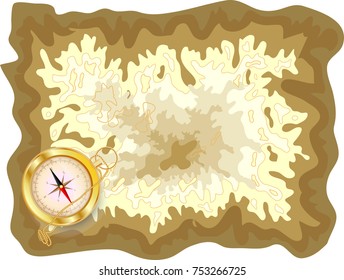 Pirate old map on yellow parchment with golden compass lying on it, encrypted messages