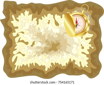 Pirate old map on yellow parchment with golden compass lying on it with a slightly opened lid, encrypted messages