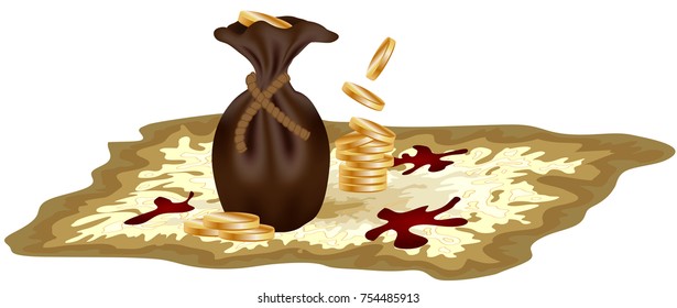 A pirate old map on a yellow parchment with blood stains, standing on it with coins and a leather bag, encrypted messages
