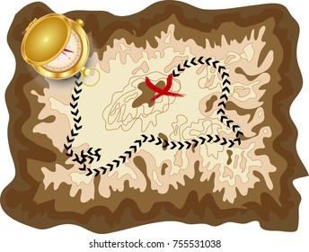 A pirate old map on a yellow parchment with a marked route and a red mark with a golden compass lying on it, encrypted messages