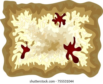 A pirate old map on a yellow parchment with blood stains, encrypted messages