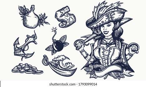 Pirate. Old school tattoo vector collection. Captain, sea wolf girl filibuster, compass, anchor, rum, treasure island, swallows. Sea adventure vector elements. Traditional tattooing style 