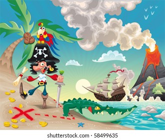 Pirate on the island. Funny cartoon and vector scene.