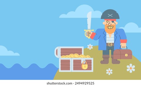 Pirate on island holding saber holding suitcase and smiling. Vector Illustration