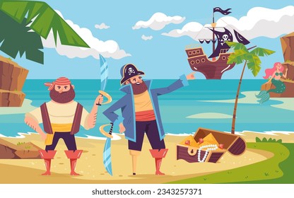 Pirate on island sea shore concept. Vector flat graphic design illustration