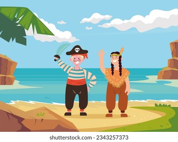 Pirate on island sea shore concept. Vector flat graphic design illustration