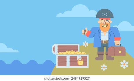 Pirate on island shows thumbs up holding suitcase and smiling. Vector Illustration