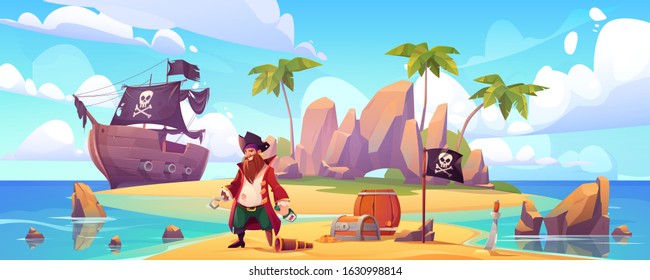 Pirate on island with treasure, bearded smiling filibuster captain with hook hand and wooden leg prosthesis on tropical beach with palm tree and chest with gold near ship Cartoon vector illustration