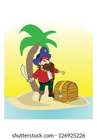 Pirate On The Island With Treasure Chest Vector