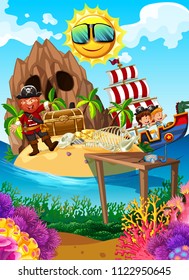 Pirate on an Island with treasure illustration