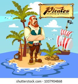 Pirate on an island of treasure, with a ship, palm trees, gulls, captain of the team