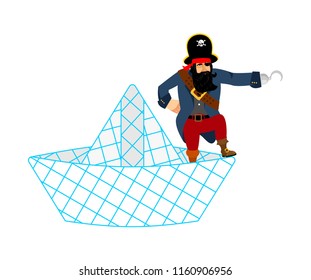 Pirate on Paper boat isolated. Vector illustration
