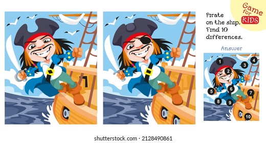 Pirate on the ship. Find 10 differences. Educational game and puzzle for kids. Activities in kindergarten. Vector illustration.