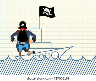 Pirate on ship. Painted ship and buccaneer. Scary filibuster with hook. Notebook
