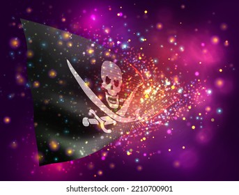 Pirate, on vector 3d flag on pink purple background with lighting and flares